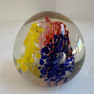 Hand Blown Yellow Red Blue Bubble Burst Floral Art Glass Paperweight Retro MCM